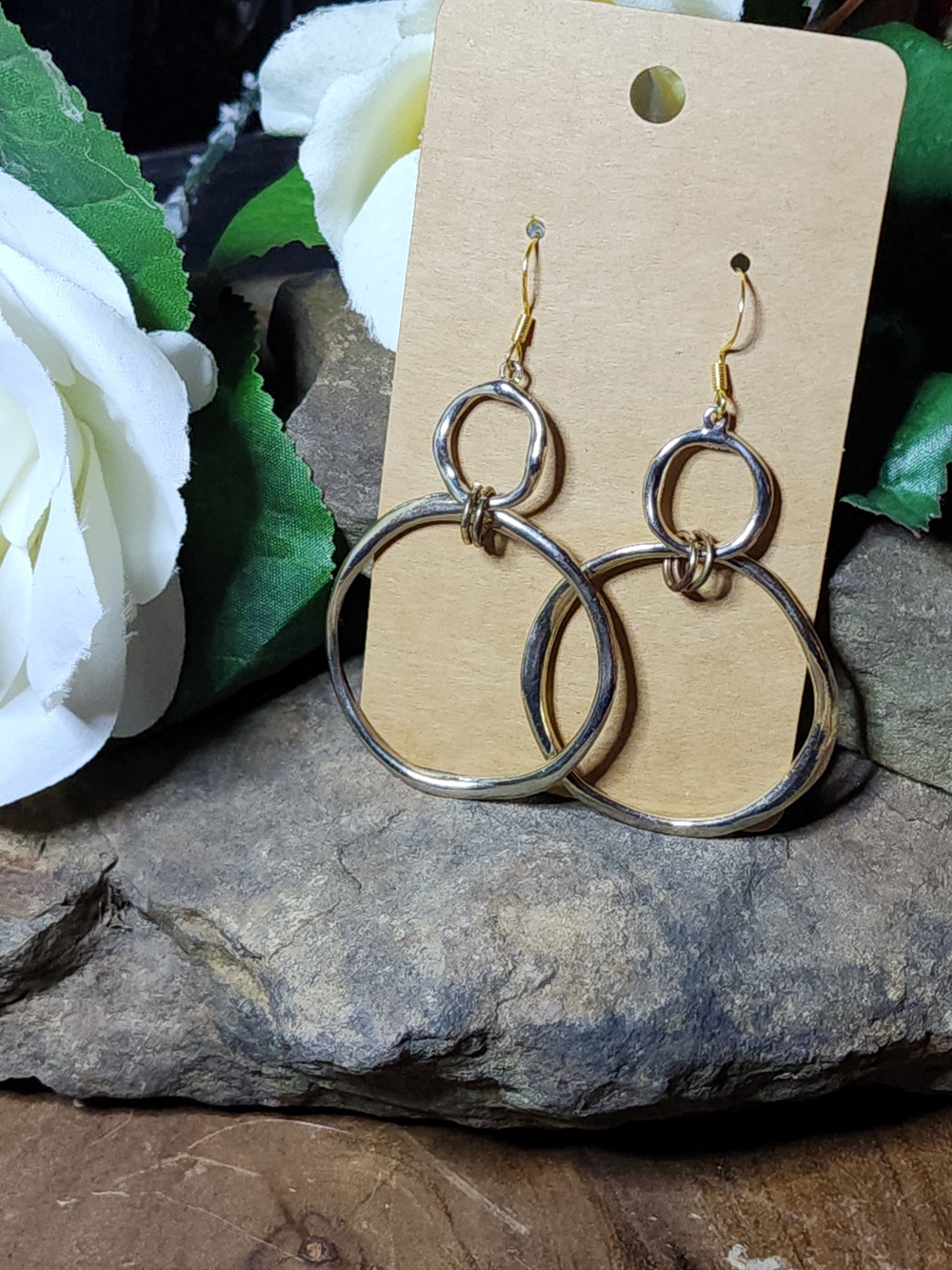 Gold Toned Double Circle Drop Earrings - Women Jewelry